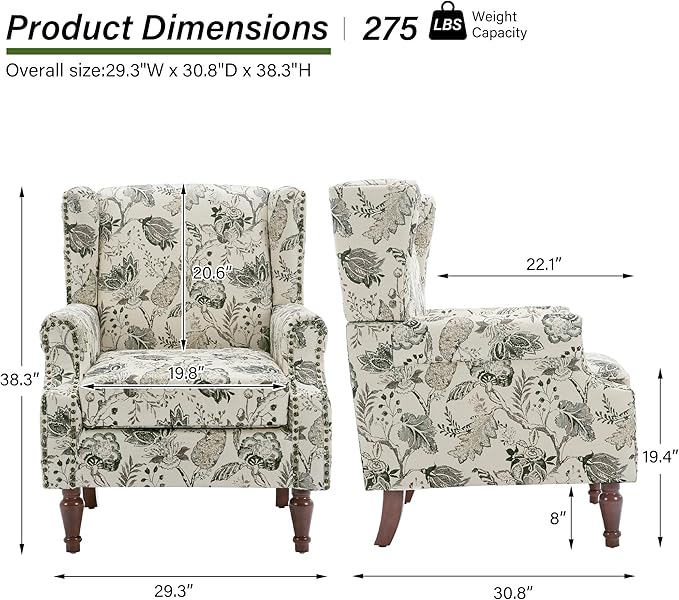 Accent Chair, Upholstered High Back Floral Armchair with Nailhead Trim & Wood Legs, Comfy Wingback Reading Single Sofa Chair for Small Spaces, Living Room, Bedroom ( Plants Beige Floral, Set of 2)