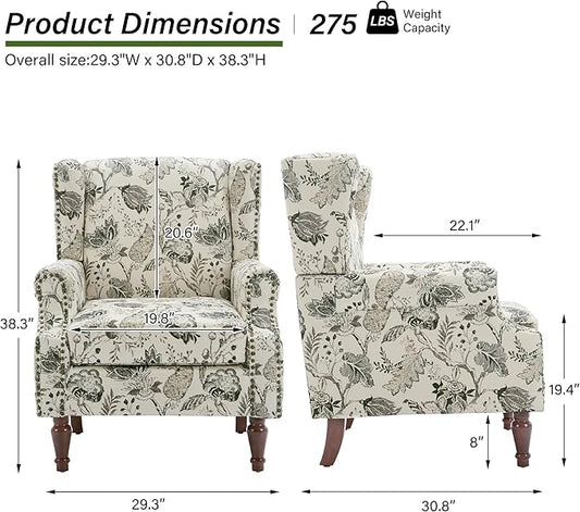 Accent Chair, Upholstered High Back Floral Armchair with Nailhead Trim & Wood Legs, Comfy Wingback Reading Single Sofa Chair for Small Spaces, Living Room, Bedroom ( Plants Beige Floral, Set of 2)