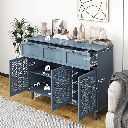 Sideboard Buffet Cabinet with Storage - Modern 3 Door 3 Drawer Farmhouse Wood Credenza for Living Room, Dining Room (Blue)