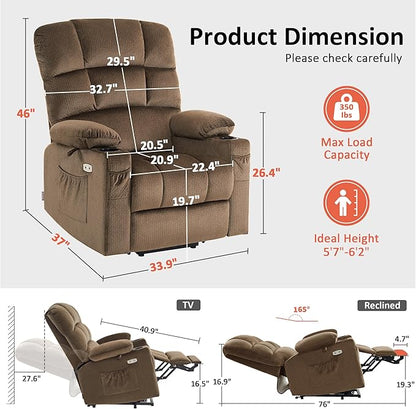 MCombo Large Dual Motor Power Lift Recliner Chair for Elderly, Massage and Heat, Lay Flat, Zero Gravity, Home Button, USB Port, Fabric 7680 (Large, Brown)