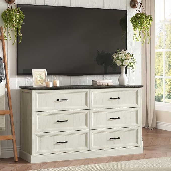 Farmhouse 6 Drawer Dresser for Bedroom, 55 Inch Wide Modern White Dresser TV Stand with Large Drawers & Bar Handles, Rustic Wood Chest of Drawers for Bedroom