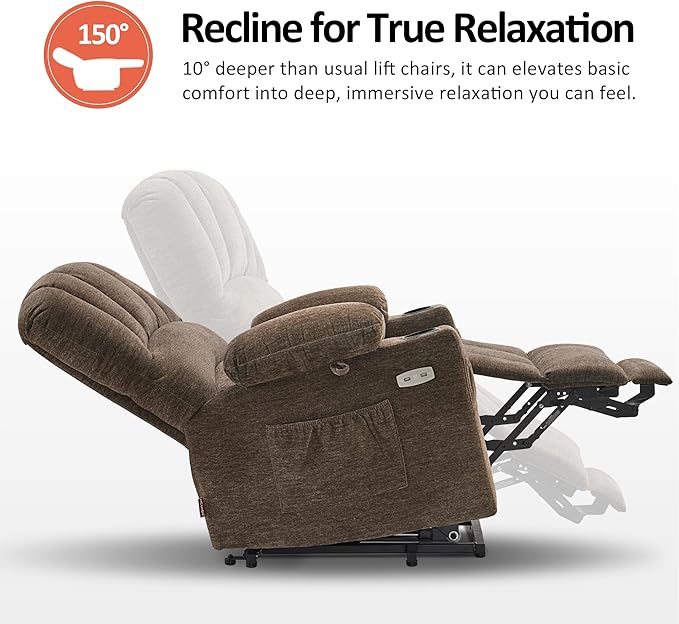 MCombo Power Lift Recliner Chair for Elderly, Lift Chair with Heat and Massage, USB &Type C Ports, Cup Holders, Fabric 7095 (Medium, Mocha)