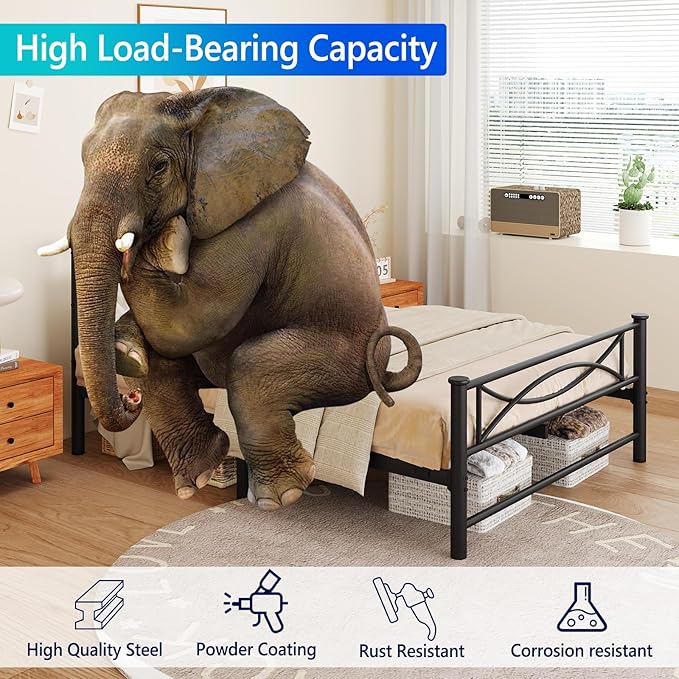 Metal Full Single Bed Frame with Storage Space, 74.8" in Steel Bed Frame with Protective Foot Pads, Strong Bearing Capacity Full Size Bed, Easy Assembly, Underbed Storage Space（35.4 inch）