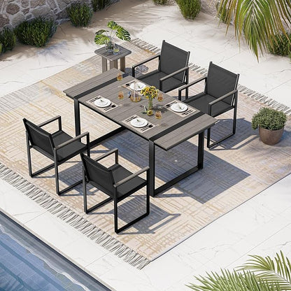 Outdoor Table and Chairs of 4, Patio Dining Sets, HDPS + Aluminum Outdoor Furniture Set with Umbrella Hole, Patio Dining Table Set (Gray)
