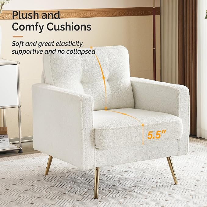 VINGLI Accent Chairs Set of 2 White Living Room Chairs Fluffy Teddy Fabric Mid Century Modern Sofa Chairs with Arms, Gold Legs for Reading, Bedroom, Waiting Room