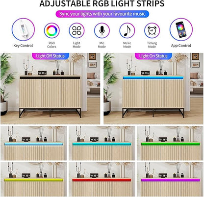Fluted Sideboard Buffet Cabinet with Storage, 47" Wood Storage Cabinet with Doors and Adjustable Shelves LED Light, Modern Credenza for Kitchen, Dining room, Living room, Entryway(Oak, set of 2)