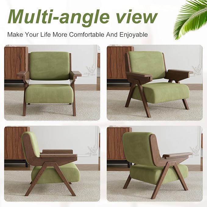 Mid Century Modern Accent Chair, Fabric Upholstered Lounge Arm Chair with Solid Wood Frame for Living Room, Bedroom, Office, Reading Corner (Green)