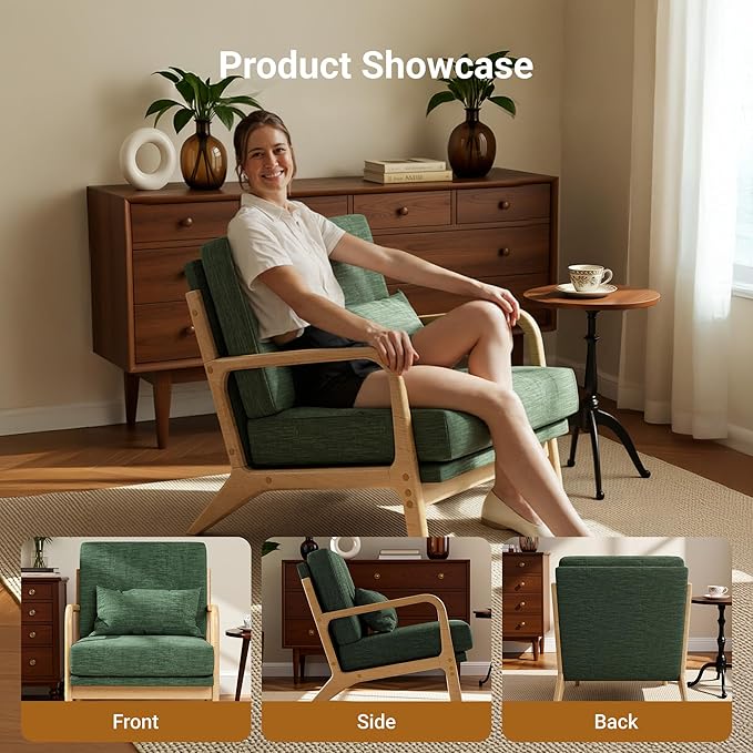 Claiks Mid-Century Modern Accent Chair, Living Room Armchair with Solid Wood Frame & Lumbar Pillow, Comfy Upholstered Lounge Chair for Bedroom, Office, Linen-Like Fabric, Green