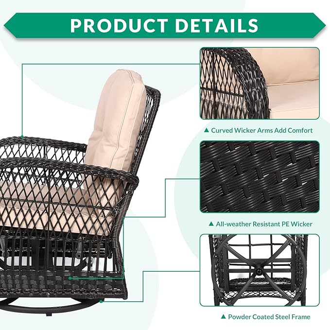 VIVIJASON 3-Piece Outdoor Conversation Bistro Set, Patio Swivel Glider Rocking Chairs Rattan Furniture Sets w/ 2 Rattan Chairs, Cushions, Glass Top Side Table for Porch Backyard, Dark Brown