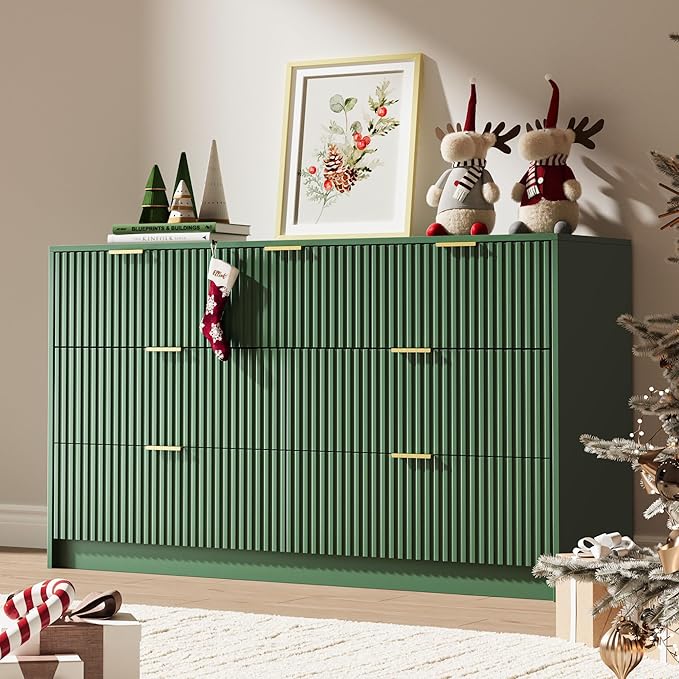 Green 7 Drawer Dresser for Bedroom, Modern Fluted Dresser with Gold Metal Handles, Wide Chest of Drawers for Bedroom, Living Room, Entryway, Hallway, 55.9" L x 15.7" D x 31.4" H