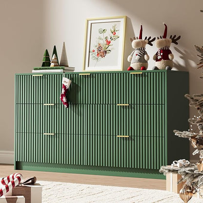 Green 7 Drawer Dresser for Bedroom, Modern Fluted Dresser with Gold Metal Handles, Wide Chest of Drawers for Bedroom, Living Room, Entryway, Hallway, 55.9" L x 15.7" D x 31.4" H