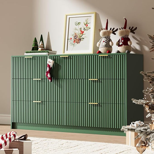 Green 7 Drawer Dresser for Bedroom, Modern Fluted Dresser with Gold Metal Handles, Wide Chest of Drawers for Bedroom, Living Room, Entryway, Hallway, 55.9" L x 15.7" D x 31.4" H