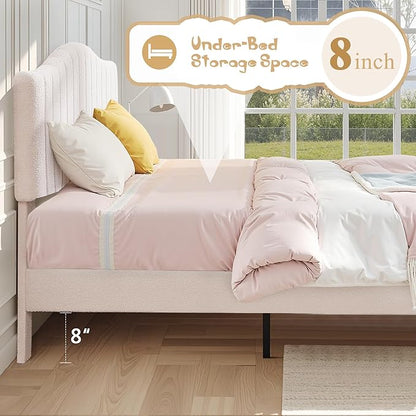 VECELO Twin Bed Frame Upholstered Platform Bed Frame with Height Adjustable Teddy Fabric Headboard, Strong Wood Slats Supports 7.9'' Under Bed Space Noise Free No Box Spring Needed, Beige