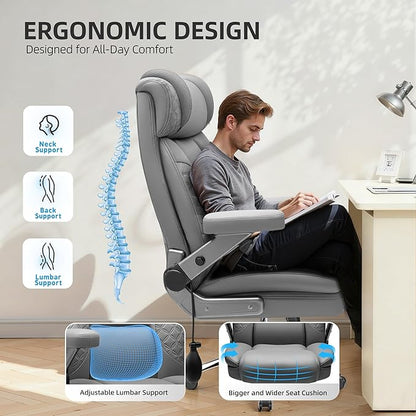 Office Chair, 5D Flip Arm Ergonomic Desk Chair with Adjustable Lumbar Support for Back Pain, Extra Wide 500LBS Comfy Big and Tall Office Chair, Executive Leather Computer Game Chair for Heavy People