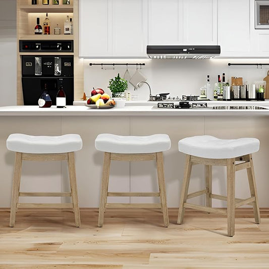 White Bar Stools Set of 3 for Kitchen Counter Island Counter Height Farmhouse Modern Barstools with Faux Leather Upholstered Backless Seat and Solid Wood Legs 24 inch Bar Chairs