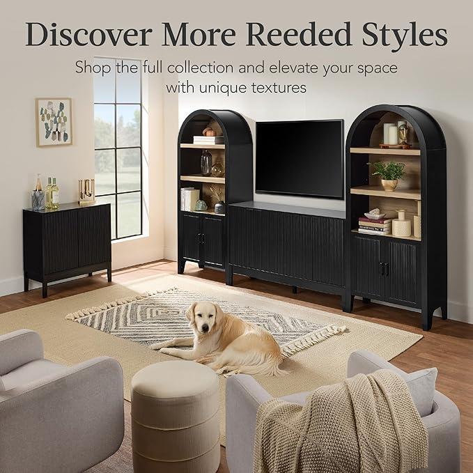 Best Choice Products 55" Modern 4-Door Sideboard Storage Cabinet, Buffet, Media Cabinet, Cupboard, Entryway Accent Table, Bookcase w/Reed Panels and Adjustable Shelves - Black
