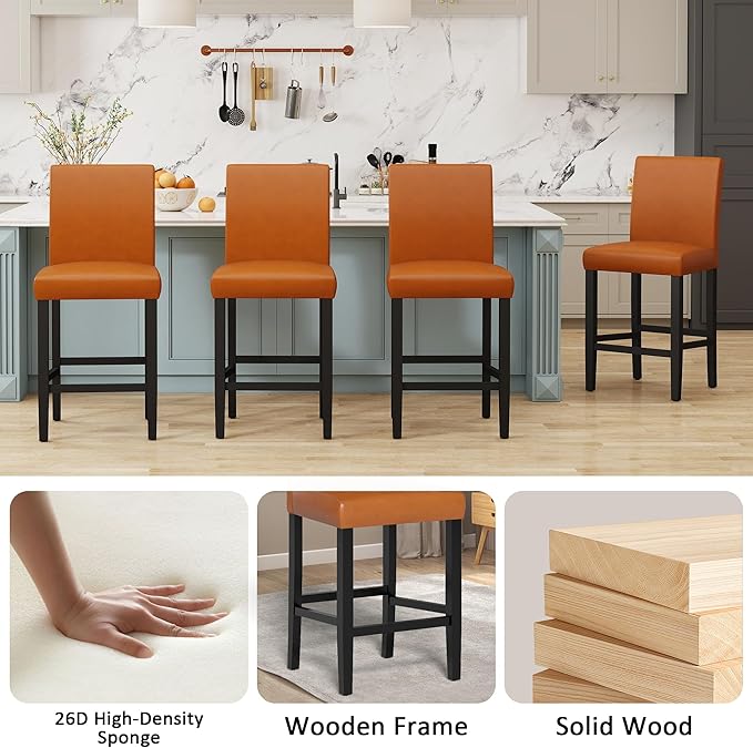 LSSPAID Counter Height Bar Stools Set of 2, 24.8 Inch Upholstered PU Leather Barstools, Modern Kitchen Island Chairs with Backrest and Solid Wood Legs, Light Brown