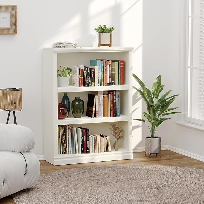 43 in Tall Bookcase, 3-Tier Bookshelf Open Storage, 33 inch Wide Floor Standing Indoor Furniture, Book Cases for Home School Library Office Bedroom Kids, White 3 Tiers
