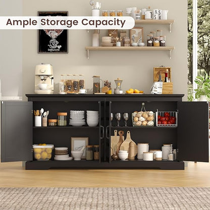 70" Sideboard Buffet Cabinet with Storage, Coffee Bar Cabinet with and 4 Doors, Long Wider Storage Cabinet Modern Farmhouse, Black Wood, for Kitchen, Dining Room, Living Room