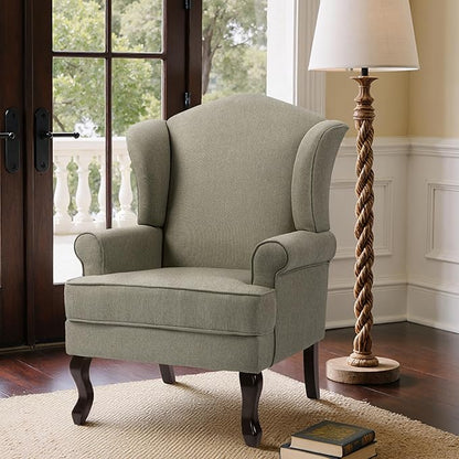Pia Ricco High Back Floral Accent Chair, Upholstered Fabric Armchair with Solid Wood Legs - Retro Living Room Reading Chair, Comfortable Single Sofa Seat-Moss Grey