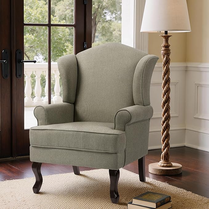 Pia Ricco Set of 2 High Back Accent Chairs: Upholstered Fabric Armchairs with Solid Wood Legs - Retro Living Room Pair, Comfy Reading Sofa Seats-Moss Grey