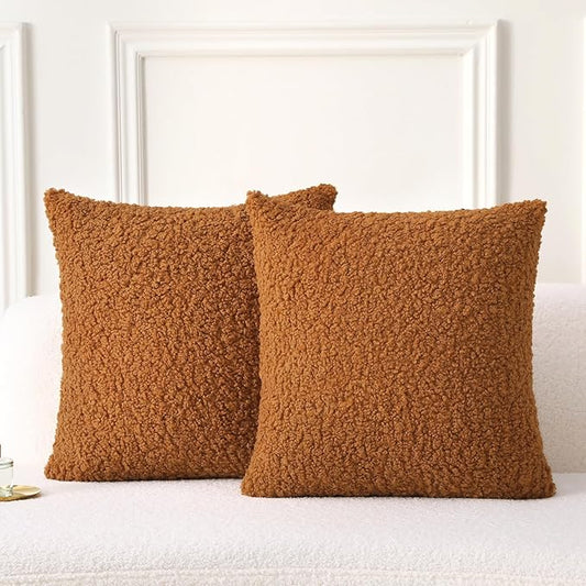 FUTEI Rust Throw Pillow Covers 26x26 Inch Set of 2,Furry Faux Fur Teddy Boucle Textured Cushion Covers,Soft Fluffy Decorative Euro Pillow Shams,Home Decor for Couch Bed Living Room Office Car