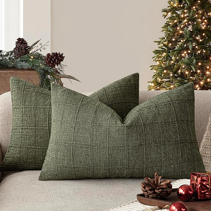Foindtower Set of 2 Decorative Linen Check Throw Pillow Covers Neutral Farmhouse Lumbar Cushion Covers Modern Boho Home Decor for Sofa Chair Couch Bedroom Living Room,12×24 Inch,Olive Green