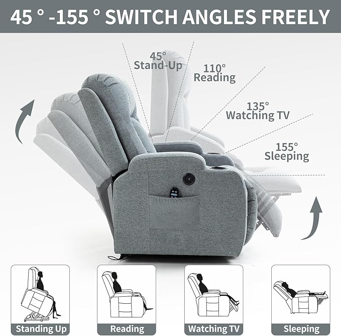 PELUMY Manual Lift Recliner Chair for Elderly with Massage & Heat, Oversized Heavy Duty 350 lbs Recliner with Cup Holders & USB Ports, Infinite Positioning Lift Chair for Adults (Linen Fabric, Grey)