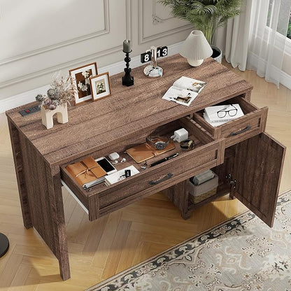 Vabches Farmhouse 47" Executive Desk, Computer Desk with Drawers and Storage Cabinet, Workstation Computer Desk for Home Office, Study.（Red-Brown）