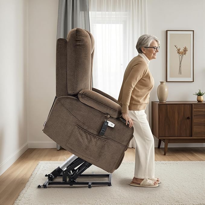 MCombo Oversized Power Lift Recliner Chair with Massage and Heat for Big and Tall Elderly People, Cup Holders, USB Ports, Side Pockets, Fabric R7541 (Brown, Large-Oversize)