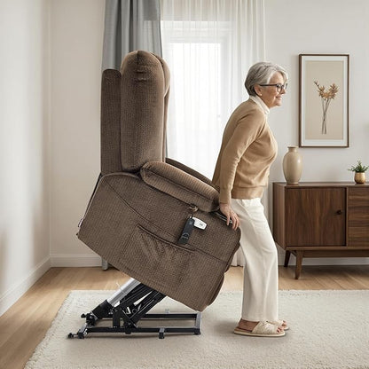 MCombo Oversized Power Lift Recliner Chair with Massage and Heat for Big and Tall Elderly People, Cup Holders, USB Ports, Side Pockets, Fabric R7541 (Brown, Large-Oversize)