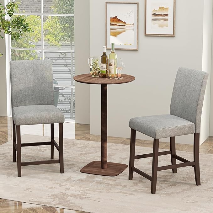 COSTWAY Counter Height Bar Stools Set of 2, 24'' Upholstered Mid Century Modern Island Chairs with Rubber Wood Legs, Wooden Barstools for Kitchen, Dining Room, Bar, Restaurant (Light Grey)