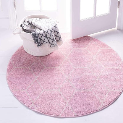 Unique Loom Trellis Frieze Collection Area Rug - Geometric (6' Round, Light Pink/ Ivory)
