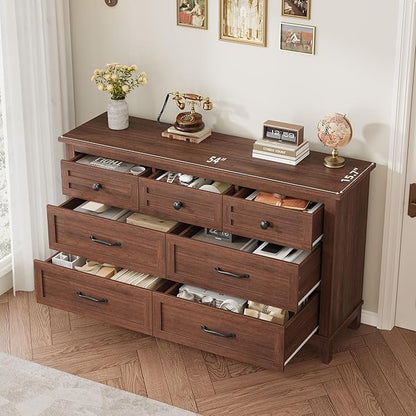 GarveeHome 7 Dresser for Bedroom, 54 in Wide Drawer Dresser with Storage Freestanding, Wooden Closet Storage Chest for Living Room, Bedroom, Entryway, Walunt