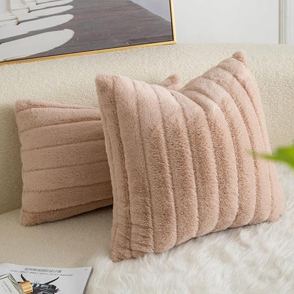 Pack of 2 Faux Fur Throw Pillow Covers 16x16 Inch Striped Decorative Soft Plush Couch Pillow Case Home Decor for Bed, Sofa, Living Room Beige