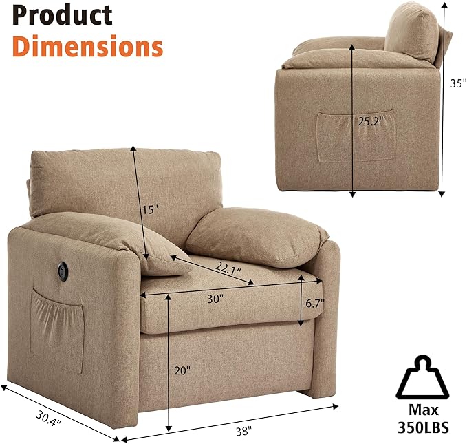 Oversized Accent Chair Mid-Century Modern Armchair for Living Room,USB and Type-C Ports,Comfy Reading Chairs for Bedroom with Side Pockets,Extra-Wide Single Sofa Chair(Khaki, Set of 1)