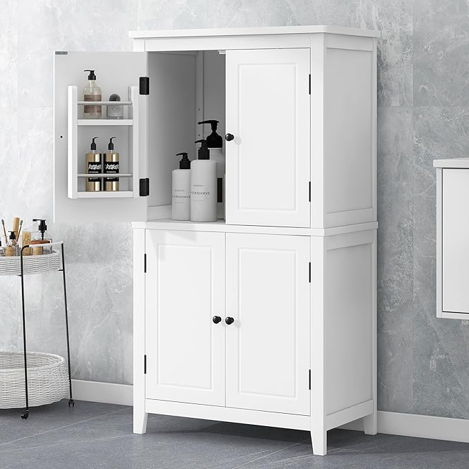 Tall Storage Cabinet, Bathroom Floor Freestanding Storage Cabinet with 2 Double-Door and Adjustable Shelves for Bathroom, Office, Living Room, White