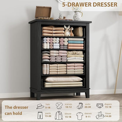GarveeHome 5 Dresser for Bedroom, 41.3 in Tall Vertical Drawer Dresser with Large Storage, Freestanding Wooden Closet Chest for Bedroom, Living Room, Black