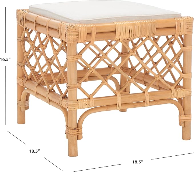 SAFAVIEH Home Collection Larroux Honey/White Rattan Solid Wood Ottoman with Cushion (Fully Assembled)