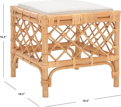 SAFAVIEH Home Collection Larroux Honey/White Rattan Solid Wood Ottoman with Cushion (Fully Assembled)