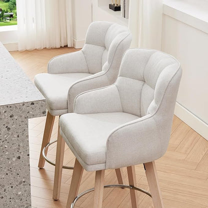 360°Swivel Counter Height Bar Stools with Back, 26 inch Solid Wood Legs, Bar Stool Modern Kitchen Island Chairs, Fabric (Beige- Fabric, 26" H- Set of 1)