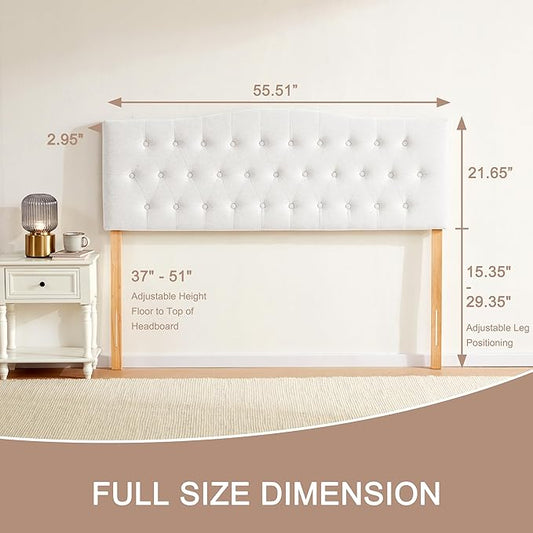Tufted Upholstered Headboard Full Size, Sturdy and Durable Solid Wood Full XL headboard, Fabric Headboard Adjustable Height from 37” to 51”, Modern Button Diamond Design Head Board, White
