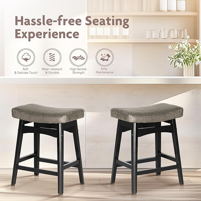 ALPHA HOME Bar Stools Set of 3, Solid Wood Saddle Kitchen Stools with Grey PU Leather Cushion Counter Height Barstools with Wooden Base for Kitchen Dining Cafe, 24 Inch, Grey, 3PCS