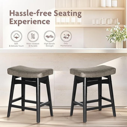 ALPHA HOME Bar Stools Set of 3, Solid Wood Saddle Kitchen Stools with Grey PU Leather Cushion Counter Height Barstools with Wooden Base for Kitchen Dining Cafe, 24 Inch, Grey, 3PCS