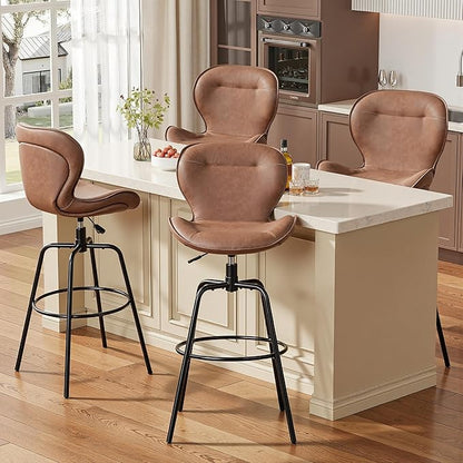VECELO Swivel Counter Height Bar Stools Set of 2, Faux Leather Upholstered Bar Chairs with Back, Sturdy, Stylish, Easy to Clean, Barstools for Kitchen Island, Brown