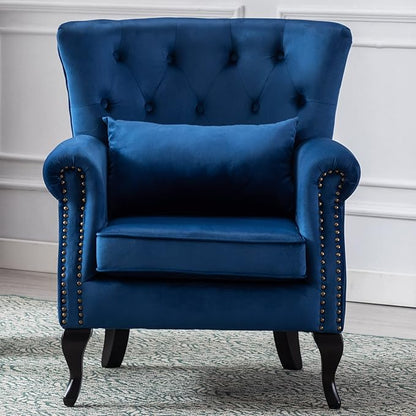 Mid Century Modern Accent Chair Upholstered Armchair Comfy Velvet Fabric Single Sofa with Tufted Wingback for Small Spaces Bedroom Living Room, Blue