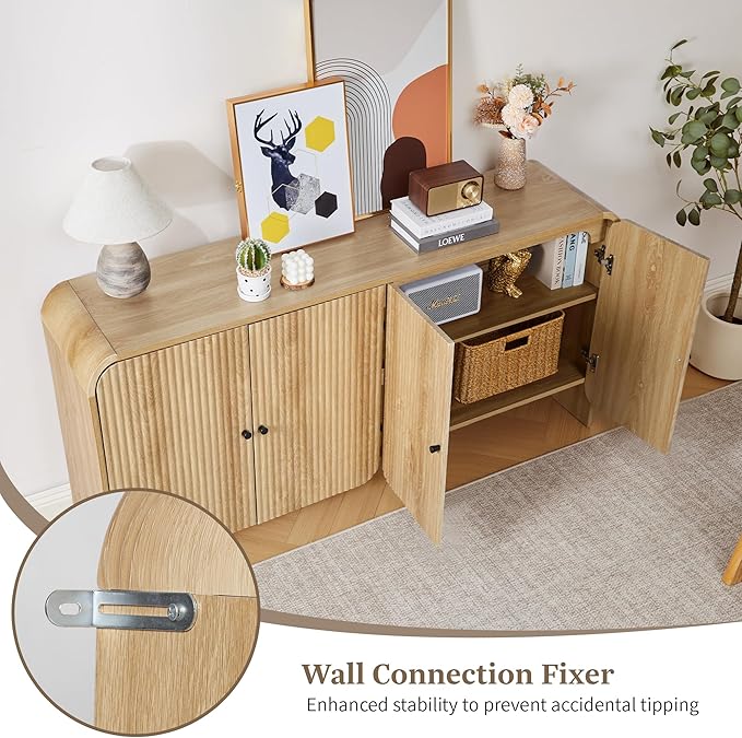 Fluted Sideboard Buffet Cabinet with Storage, 59'' Curved Buffet Cabinet with 4 Doors & Shleves, Modern Credenza Wood Coffee Bar Table Console for Dining Room Kitchen Living Room Entryway, Natural