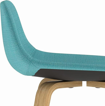 SIMPLIHOME Randolph Counter Stools (Set of 2) - 28 Inch Seat Height Upholstered Bentwood Kitchen Seats in Aqua Blue Polyester Linen Fabric, Mid Century Seating with Curved Backrest and Footrest