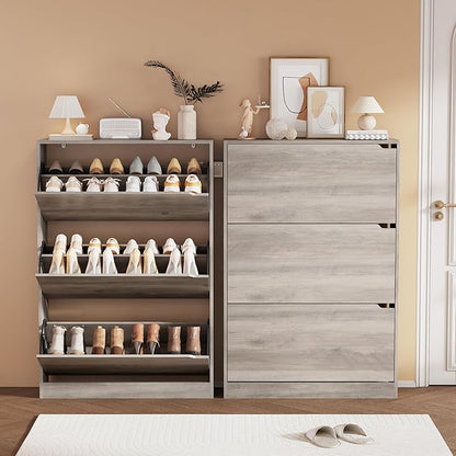 Shoe Storage Cabinet, Wood Shoe Organizer for Entryway with 3 Flip Drawers, Freestanding Shoe Rack with Adjustable Shelf, Narrow Shoe Dresser for Front Door Entrance(Grey, 47.2" x 31.5" x 9.25")