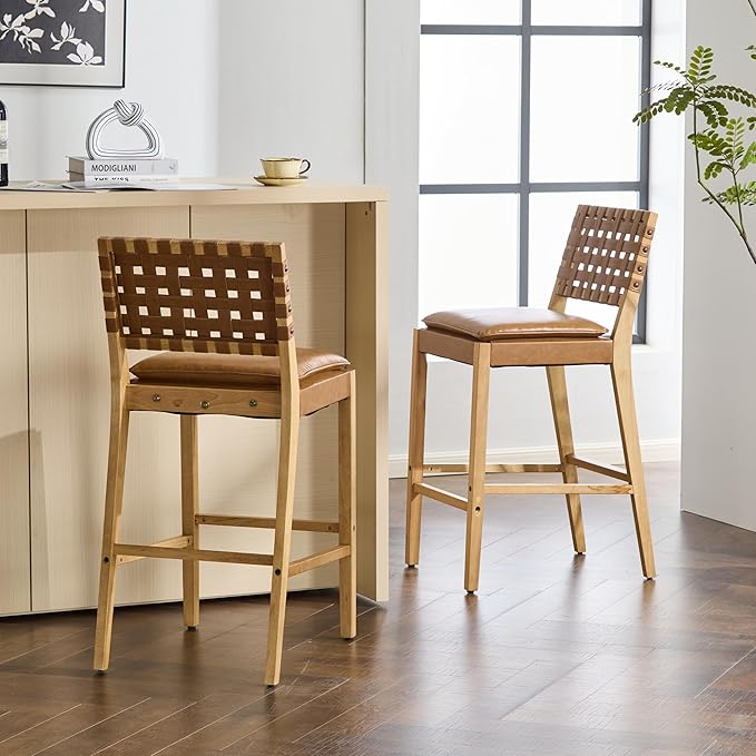 Christopher Knight Home Caitlyn lndoor Barstool Set of 2, Counter Height Stool with Footrest/Backrest for Bar Table, Natural Rubberwood Frame with Faux Leather Upholstery Counter Stool, Brown+Natural